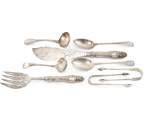 ASSORTED ANTIQUE SILVER FLATWARE, including pair Victorian fish servers, Sheffield 1854, the knife blade engraved with fish a