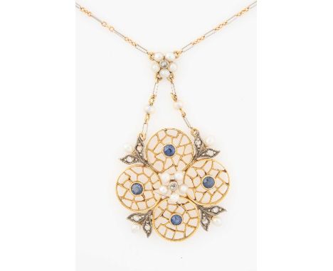 ANTIQUE 15CT GOLD OPENWORK PENDANT, of flowerhead design set with four sapphires, ten rose cut diamond chips and pearls, on a