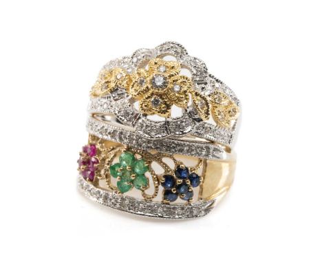 TWO GOLD DIAMOND RINGS, comprising 9ct sapphire, ruby, emerald & diamond triple-floret ring, 3.9g, and 14ct two-colour gold d
