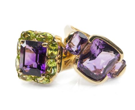 TWO GOLD AMETHYST RINGS, comprising 9ct 3-stone ring in rub over setting, gross wt 5.4g, and 15ct amethyst and presumed perid