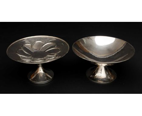 TWO SIMILAR SILVER TAZZE, London & Birmingham hallmarks, both of circular form on pedestal bases, (2)Provenance: private coll