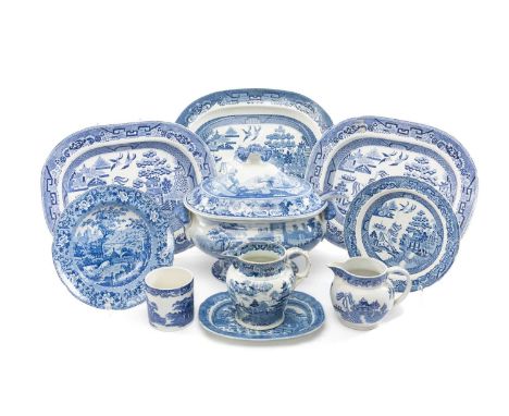 ASSORTED 19TH C. SWANSEA & STAFFORDSHIRE BLUE & WHITE PRINTED POTTERY, including 4 Dillwyns 'Willow' pattern platters, 4 dess