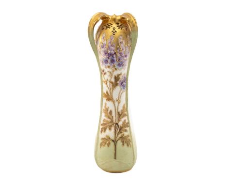 AUSTRIAN PORCELAIN ART NOUVEAU STYLE WAISTED VASE of naturalistic design, decorated with flowers and foliage, three organic l