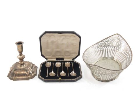 GROUP OF SILVER & PLATE comprising Dutch silver navette shaped bread basket, 11ozt, 32cms (w), 17th C style candlestick stamp