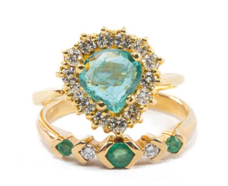 TWO EMERALD & DIAMOND RINGS, comprising 18ct drop-shaped halo ring and 9ct 5-stone ring, tot gross wt 6.8g (2)Provenance: dec