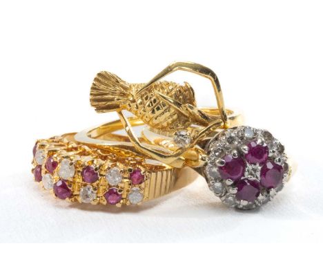 THREE 18CT GOLD RINGS, comprising a ruby & diamond flower cluster ring, ruby & diamond double row ring, and diamond set thist