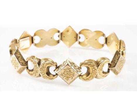ANTIQUE ENGRAVED CRESCENT & SQUARE DESIGN BRACELET, 19cms long, 11.7gmsProvenance: private collection DenbighshireComments: u