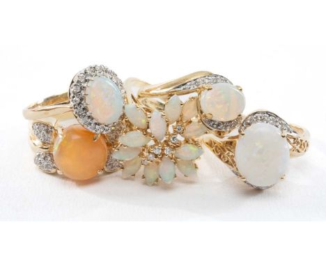 ASSORTED  OPAL & DIAMOND DRESS RINGS, in 9 & 14ct settings, and including a fire opal, tot gross wt 23.8g (5)Provenance: dece