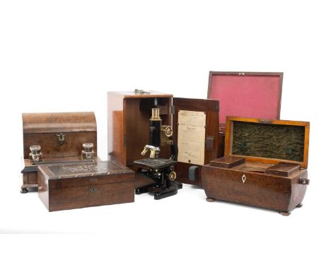 ASSORTED 19TH C. BOXES & MICROSCOPE, comprising yew wood sarcophagus tea caddy, in stand, writing slope, workbox, the 1930s C