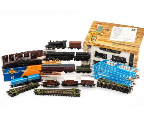 ASSORTED HO & HOe trains, including Lilliput Schmalspurbahnen narrow gauge set 7044 in box, ROCO 'Krokodil' 4149A electric lo