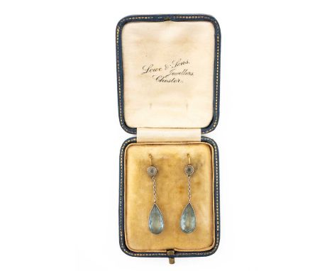PAIR OF BELIEVED AQUAMARINE PEAR DROP EARRINGS, yellow and white metal set, 3.1gms gross in vintage Lowe & Sons of Chester bo