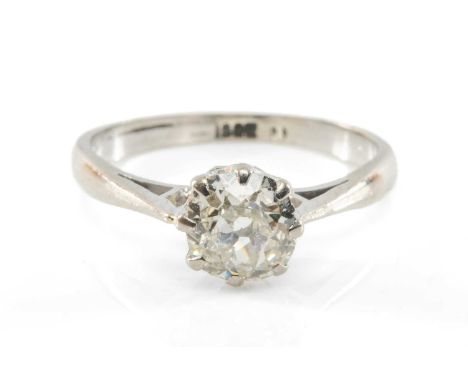 SOLITAIRE DIAMOND RING, the old European-cut stone of approx. 0.75ct, set in 18ct white gold shank with bridge shoulders, gro