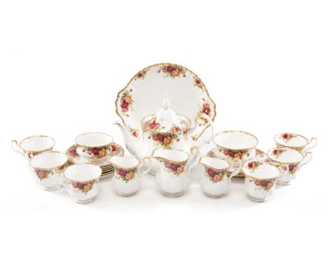 ROYAL ALBERT 'OLD COUNTRY ROSES' CHINA TEA SERVICE, for six, including teapot, 2 sugar bowls, 3 milk jugs, 6 cups and saucers