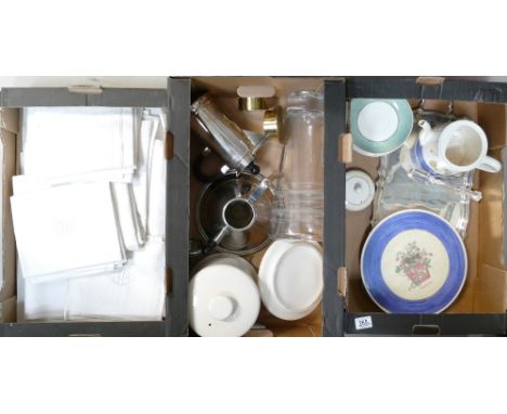 A mixed collection of items to include:monogrammed French table cloth and napkins, Italian Designer chromed kettle, Art Deco 