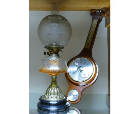 Victorian Glass and Brass Oil Lamp: together with mid century mahogany barometer(2)