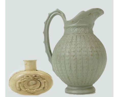 Early 18/19th century Salt Glaze miniature portrait flask and an early Copeland Jug: Flask height 9.5cm (some crazing) and an