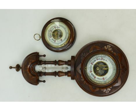 Victorian Hand Carved Wood Wall Barometer: together with similar smaller item(2) ( glass damage to larger item)