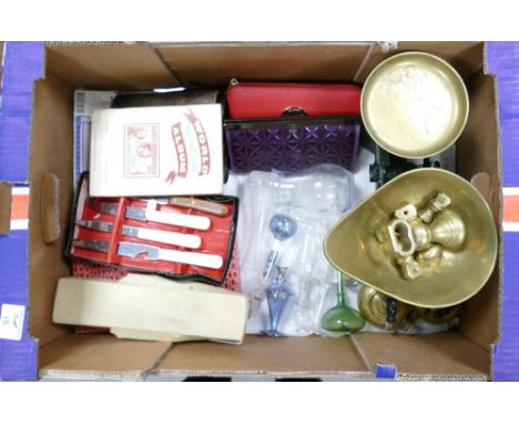 A mixed collection of items to include: early 20th century binoculars, small stamp collection, cast iron scales with matching