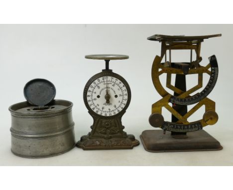 Inkwell &amp; scales x 2: Pewter inkwell, together with two sets of postal scales, one by Salter. (3)