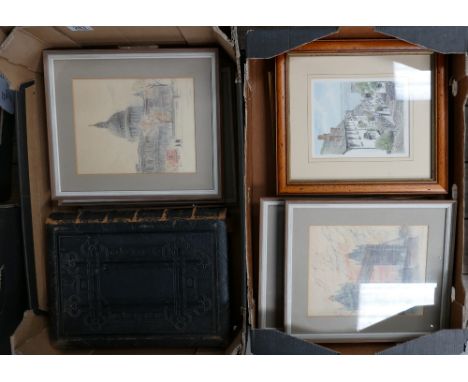 A mixed collection of items to include: framed prints of London, similar Devon item together with 1880 family bible(2 trays)