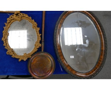 Large bevel edged wall mirror: together with later similar item and copper bed pan(3)