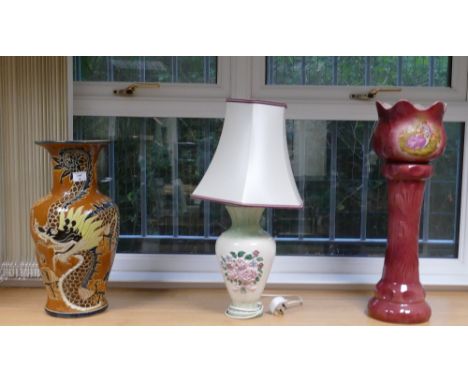 Large Oriental Theme Vase: with dragon decoration together with mid century pottery lamp and small jardiniere (3)