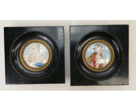 Pair 19th century miniature hand painted Portrait plaques: Portrait plaques painted with ladies and signed J Canavi in ebony 