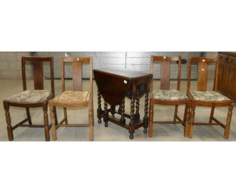 Small Oak barley twist gate leg table: and four matching oak chairs(5)