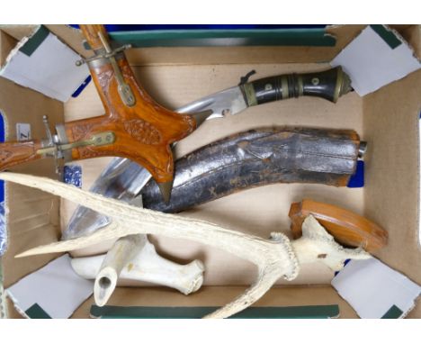 A mixed collection of items to include:Burmese Kukri sheath knife, similar later item, Antler horn etc