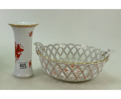 Herend Hungary Pierced open work ceramic basket: together with similar small vase