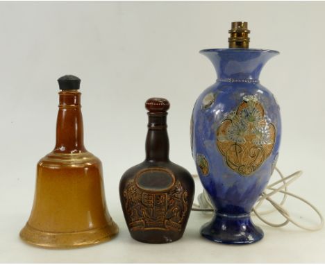 Royal Doulton whiskey / whisky Decanters and Lamp Base: Bells and Crown and a Royal Doulton Lambeth lamp base, tallest 28cm. 