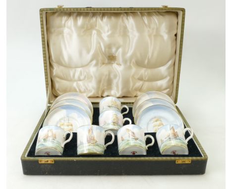 Royal Crown Derby set of hand painted coffee cups and saucers: RCD set decorated with various sailing ships by W E J Dean, in