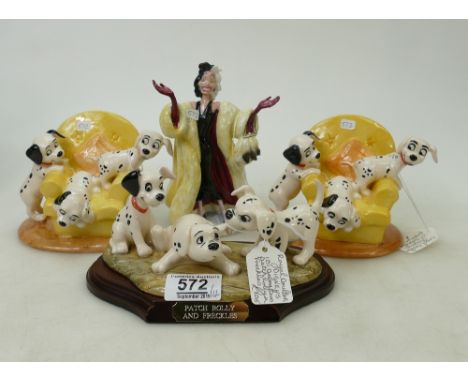 Royal Doulton Disneys 101 Dalmations figures: Cruella Devill DM1, Pups in Armchair DM11 x2 and Patch, Rolly &amp; Freckles(4)
