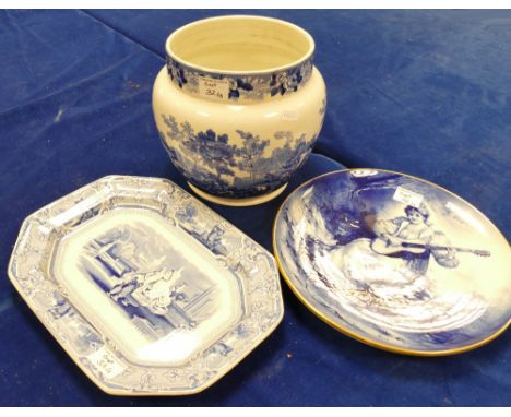 A collection of blue and white items to include: large Adams Planter, T Goodfellow Colonna platter &amp; unbranded pictorial 