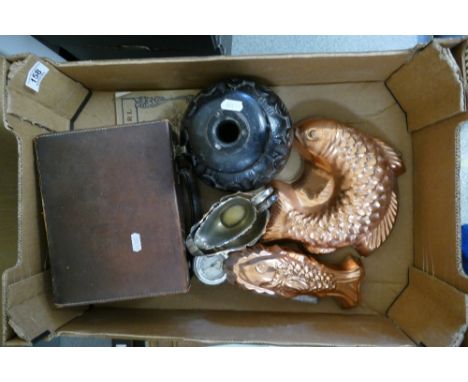 A mixed collection of items to include: fitted ladies leathers beauty bag, brass jelly moulds, barometer etc 