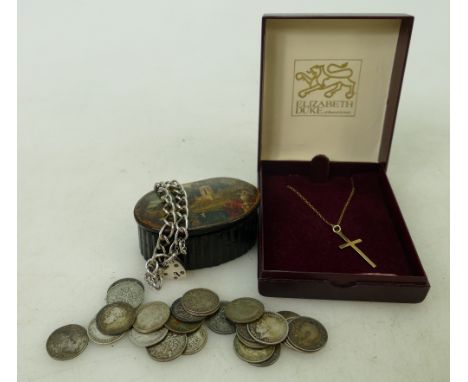 Gold cross &amp; chain, silver 3d's: 9ct lightweight gold cross &amp; chain, papier mache snuff box with quantity silver 3d c