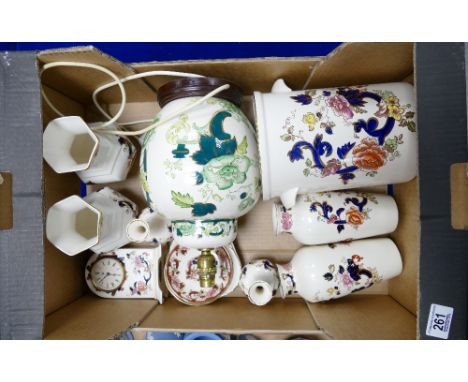 A collection of Masons Blue Mandolay items including: vases, clock, pin trays together with similar Chatreaus patterned lamp 