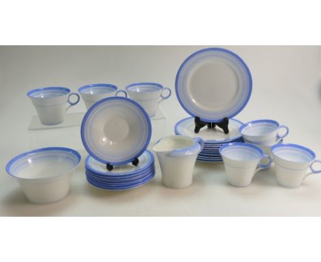 Shelley Art Deco tea set: Tea set comprising 11 side plates, 9 saucers, 7 cups, sugar &amp; cream jug (hairline crack). (29)