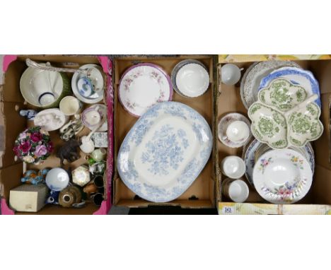A mixed collection of ceramic items: to include large blue &amp; white serving platter, wall plates, wooden rhinoceros, chara