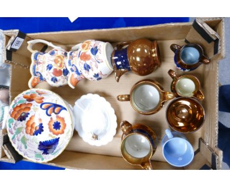 A mixed collection of items to include: early floral decorated fruit bowl &amp; jugs, glass egg keep  &amp; metallic ceramic 