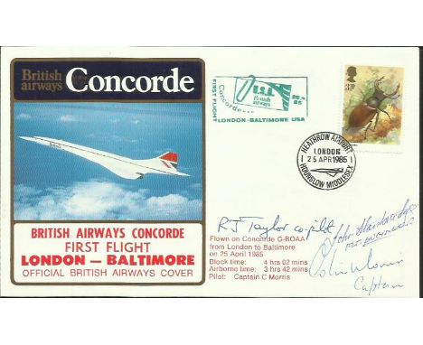 Crew Signed scarce British Airways Concorde cover flown on the 1st flight London-Baltimore 25/4/1985. Flown on G-BOAA and sig