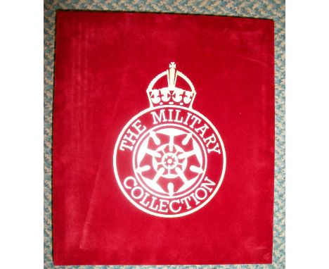 Military Collection Benham Red Suede gold logoed album containing 22 small silk covers comm. the major Army regiments inc The