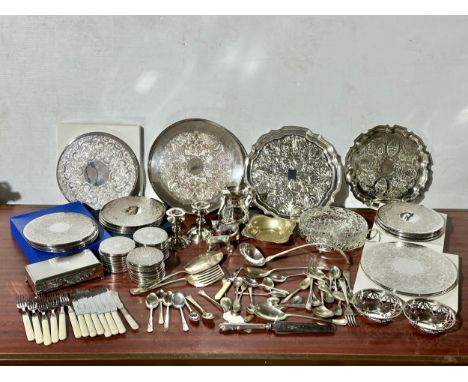 A large quantity of silver plate. Barker Ellis coasters, serving trays, salvers, cutlery, ladle, cigarette case etc