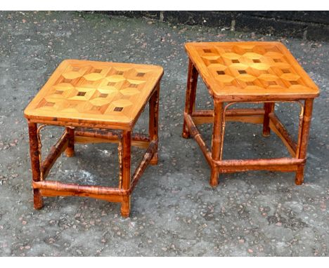 A pair of vintage bamboo parquetry tables. 36x30x28cm