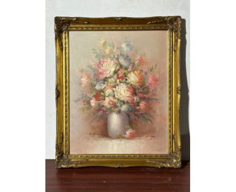 A still life oil on board. Signed K Houston. Frame 50x60cm