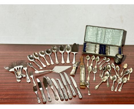 A quantity of silver plated cutlery, Nevada silver cutlery and a bath thermometer