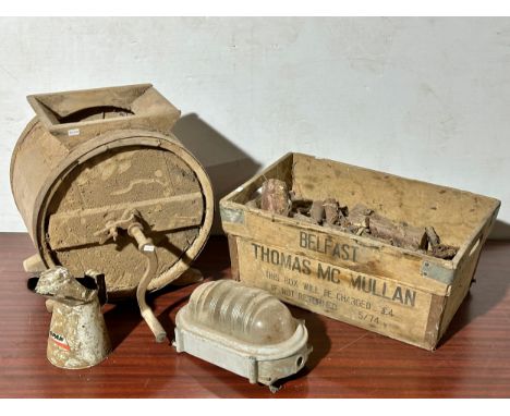 A job lot. A late 19th/early 20th century butter churn/milk churn. A Thomas McMullan, Belfast crate. A bulkhead light and an 