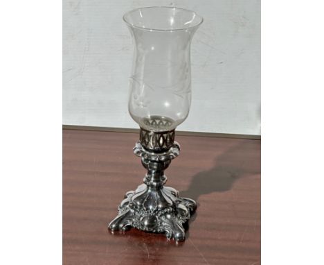 A vintage silver plated tea light/candleholder with etched glass shade. 28cm