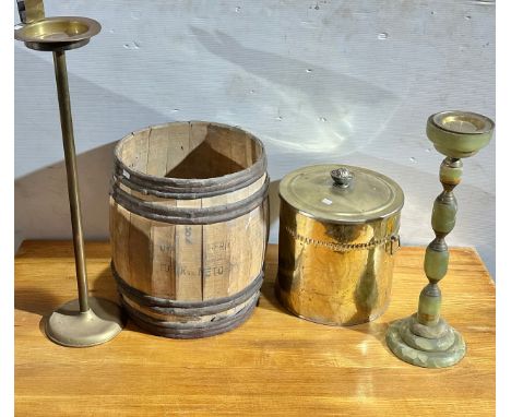 A job lot. 2 vintage onyx and brass smokers stands, a barrel and a coal bin.
