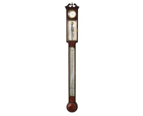 A Mahogany Stick Barometer, signed Dollond, London, circa 1790, swan neck pediment with a central urn finial, concealed mercu